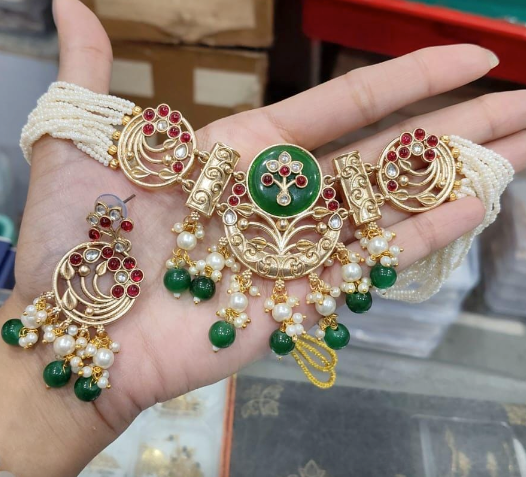 Navratna Midline Necklace Big Pendant Indian Set with Studs