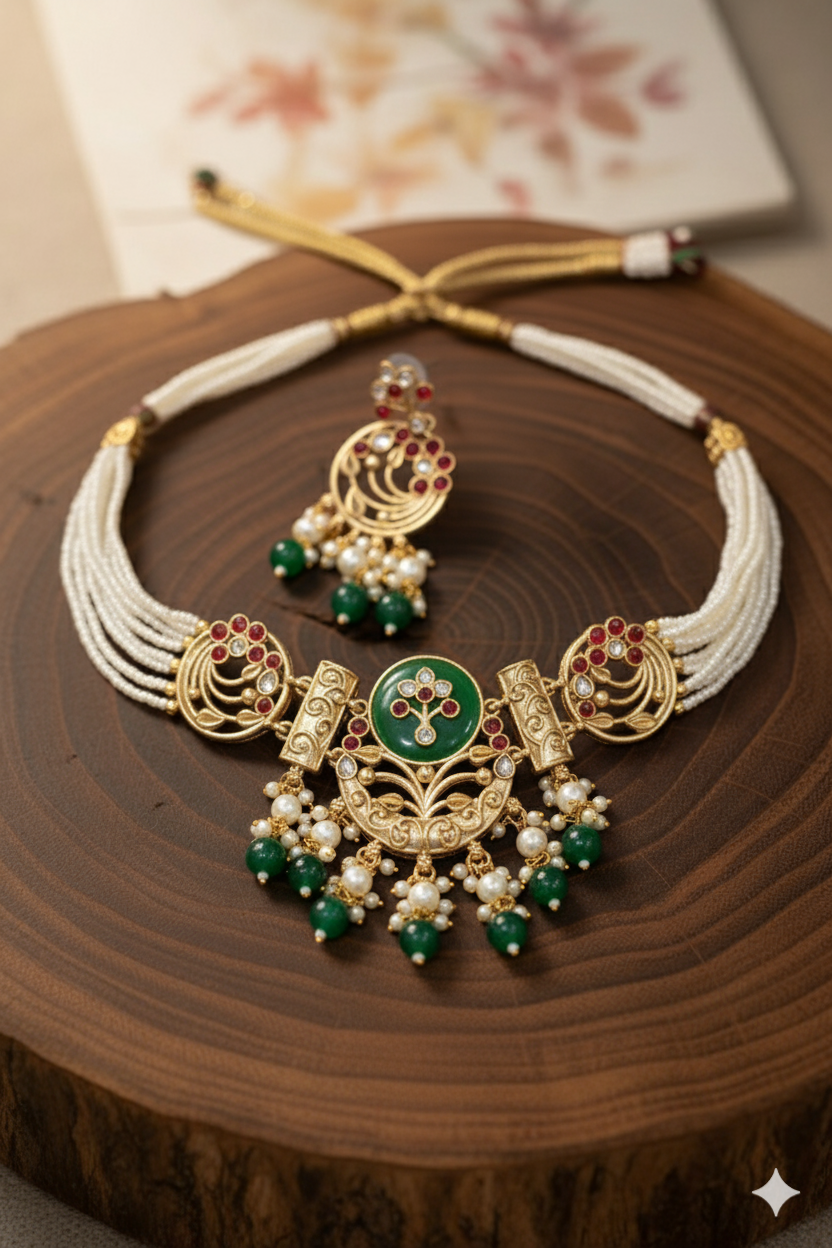Navratna Midline Necklace Big Pendant Indian Set with Studs
