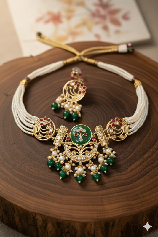 Navratna Midline Necklace Big Pendant Indian Set with Studs